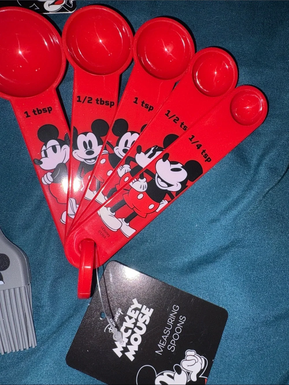 4 items Disney Minnie & Mickey Pink and Red Measuring Spoons w/ Silicone Brushes
